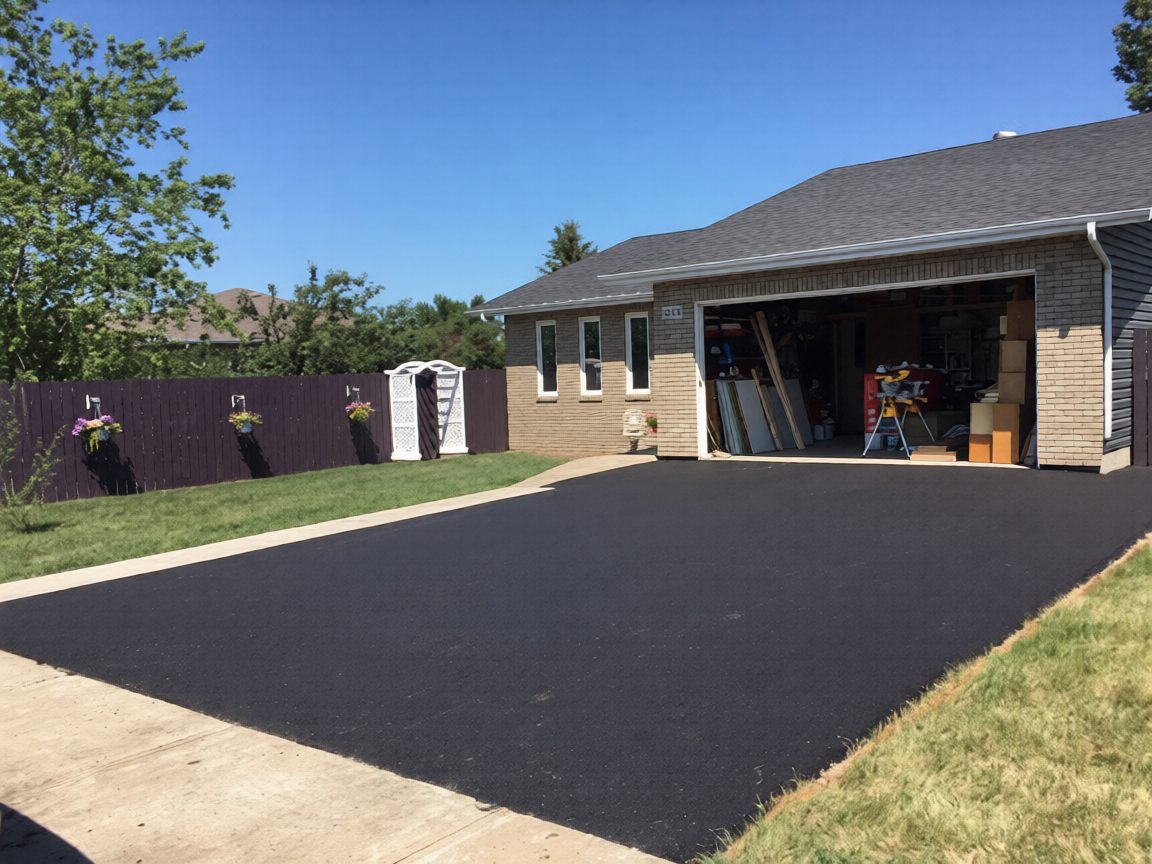 A freshly paved Covenant Construction asphalt driveway leading to a Saskatchewan home
